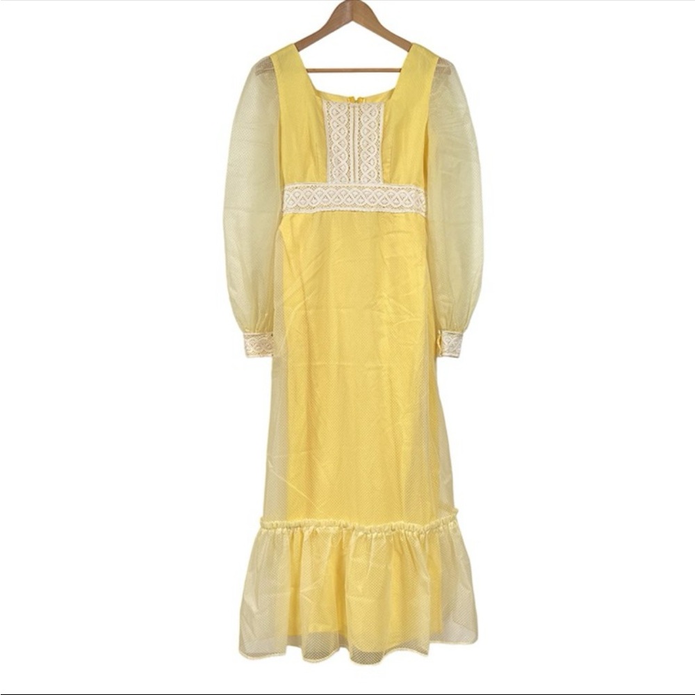 Vintage Handmade Cottagecore Yellow Square Neck Long Sleeve Maxi Dress Size S